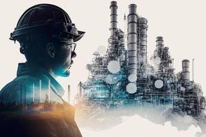 Double exposure art banner oil transportation Petrochemical oil and gas pipelines Refiners and power engineers working in the power industry. photo