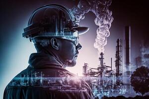 Double exposure art banner oil transportation Petrochemical oil and gas pipelines Refiners and power engineers working in the power industry.Generative Ai photo