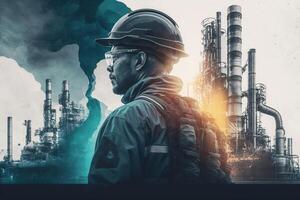 Double exposure art banner oil transportation Petrochemical oil and gas pipelines Refiners and power engineers working in the power industry. photo