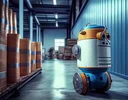 Robot center of logistic storage,robot arm with box working in the material industrial. photo