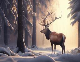 Beautiful fantasy reindeer standing in the forest. photo