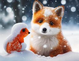 Cute little fox in the forest,Cartoon fox animation fantasy style,Baby fox standing winter season background.Generative Ai photo
