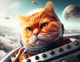 Orange Scottish cat wearing a spacesuit and driving a spaceship above the blue sky background.Generative Ai photo