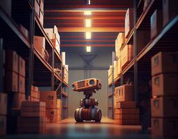 robot centrar de logístico almacenamiento,robot brazo con caja trabajando en el material industrial.generativa ai foto