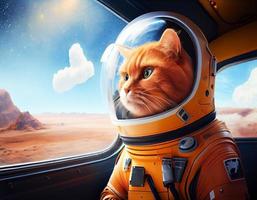 Orange Scottish cat wearing a spacesuit and driving a spaceship above the blue sky background.Generative Ai photo