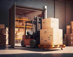 Forklift cartoon style center of logistic storage with wooden Warehouse industrial working storing material. photo