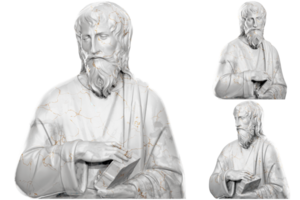 3D render of a saint statue with stone texture and gold accents. Great for religious design projects. png