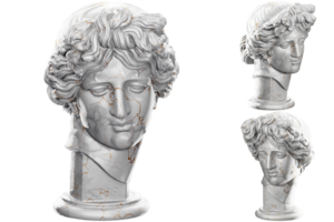 3D render of an Apollo statue with stone texture and gold marble. Perfect for classical design projects. png