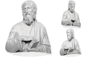 3D render of a saint statue with stone texture and gold accents. Great for religious design projects. png