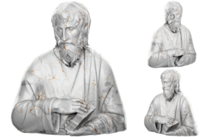 3D render of a saint statue with stone texture and gold accents. Great for religious design projects. png