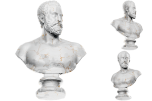 3D render of a historical bust statue with stone texture gold accents. Ideal for historical design png