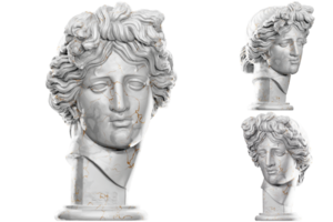 3D render of an Apollo statue with stone texture and gold marble. Perfect for classical design projects. png