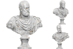 3d machen von ein historisch Büste Statue mit Stein Textur Gold Akzente. Ideal zum historisch Design png