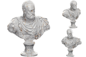 3d machen von ein historisch Büste Statue mit Stein Textur Gold Akzente. Ideal zum historisch Design png