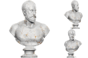 3D render of a historical bust statue with stone texture gold accents. Ideal for historical design png