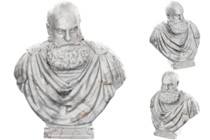 3D render of a historical bust statue with stone texture gold accents. Ideal for historical design png