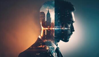 Business man double exposure effect with city buildings photo