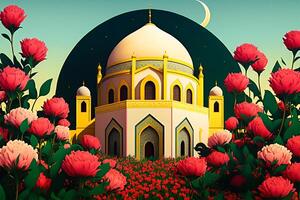 Islamic ramadan kareem mosque with flower garden around the building. Moslem praying place building. . photo