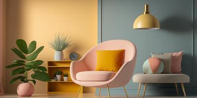 Modern wooden living room armchair on empty pastel colored wall background. Minimalist interior design. . photo