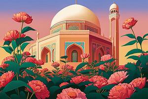 Islamic ramadan kareem mosque with flower garden around the building. Moslem praying place building. . photo