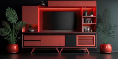 televisión gabinete con rojo y negro moderno mínimo interior diseño. minimalista interior 3d prestar. generativo ai. foto