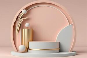 Pink pastel rounded podium for cosmetic product promotion on empty pastel plain background. 3D render mockup illustration. . photo