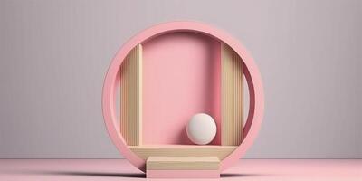 Pink pastel rounded podium for cosmetic product promotion on empty pastel plain background. 3D render mockup illustration. . photo