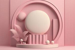 Pink pastel rounded podium for cosmetic product promotion on empty pastel plain background. 3D render mockup illustration. . photo