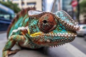 Chameleon closeup portrait with fish eye lens effect on the city road. Close up city street, animal portrait, camouflage animal. photo