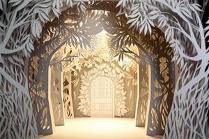 Paper cut craft of tunnel inside forest. Multi layered paper craft work, forest, jungle, door. . photo