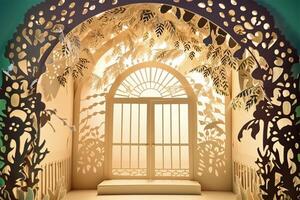 Paper cut craft of tunnel inside forest. Multi layered paper craft work, forest, jungle, door. . photo