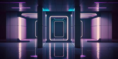 Futuristic sci fi neon light glowing inside spaceship tunnel room stage hall. illustration. photo