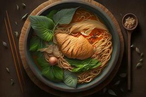 Japanese ramen bowl hot served with chopstick on table. illustration. photo