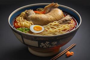 Japanese ramen bowl hot served with chopstick on table. illustration. photo