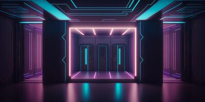 Futuristic sci fi neon light glowing inside spaceship tunnel room stage hall. illustration. photo