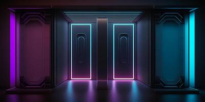 Futuristic sci fi neon light glowing inside spaceship tunnel room stage hall. illustration. photo