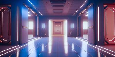 Futuristic sci fi neon light glowing inside spaceship tunnel room stage hall. illustration. photo