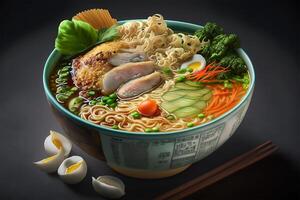 Japanese ramen bowl hot served with chopstick on table. illustration. photo