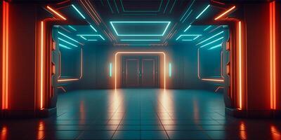 Futuristic sci fi neon light glowing inside spaceship tunnel room stage hall. illustration. photo
