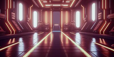 Futuristic sci fi neon light glowing inside spaceship tunnel room stage hall. illustration. photo