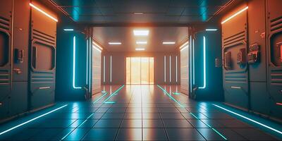 Futuristic sci fi neon light glowing inside spaceship tunnel room stage hall. illustration. photo