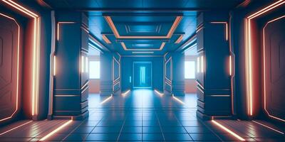 Futuristic sci fi neon light glowing inside spaceship tunnel room stage hall. illustration. photo
