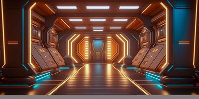 Futuristic sci fi neon light glowing inside spaceship tunnel room stage hall. illustration. photo