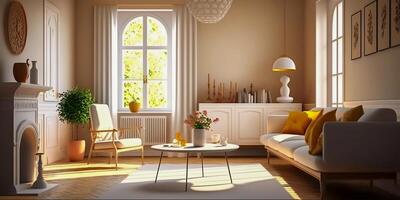 Cozy modern style living room with sunlight shines into the room. Minimalism interior design 3D render. . photo