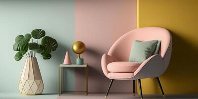 Modern wooden living room armchair on empty pastel colored wall background. Minimalist interior design. . photo