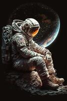 Man in astronaut suit sitting on the cracked stone with outer space and galaxy background. Photorealistic sci-fi spaceman. illustration. photo