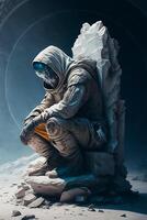 Man in astronaut suit sitting on the cracked stone with outer space and galaxy background. Photorealistic sci-fi spaceman. illustration. photo