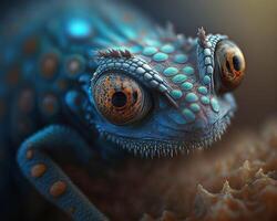 Macro close up of blue chameleon on rough defocused surface environment. illustration. photo