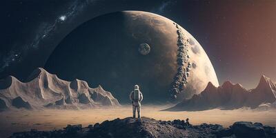 Astronaut standing on deserted land look at another planet. Space travel and exploration concept. illustration. photo