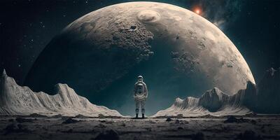 Astronaut standing on deserted land look at another planet. Space travel and exploration concept. illustration. photo